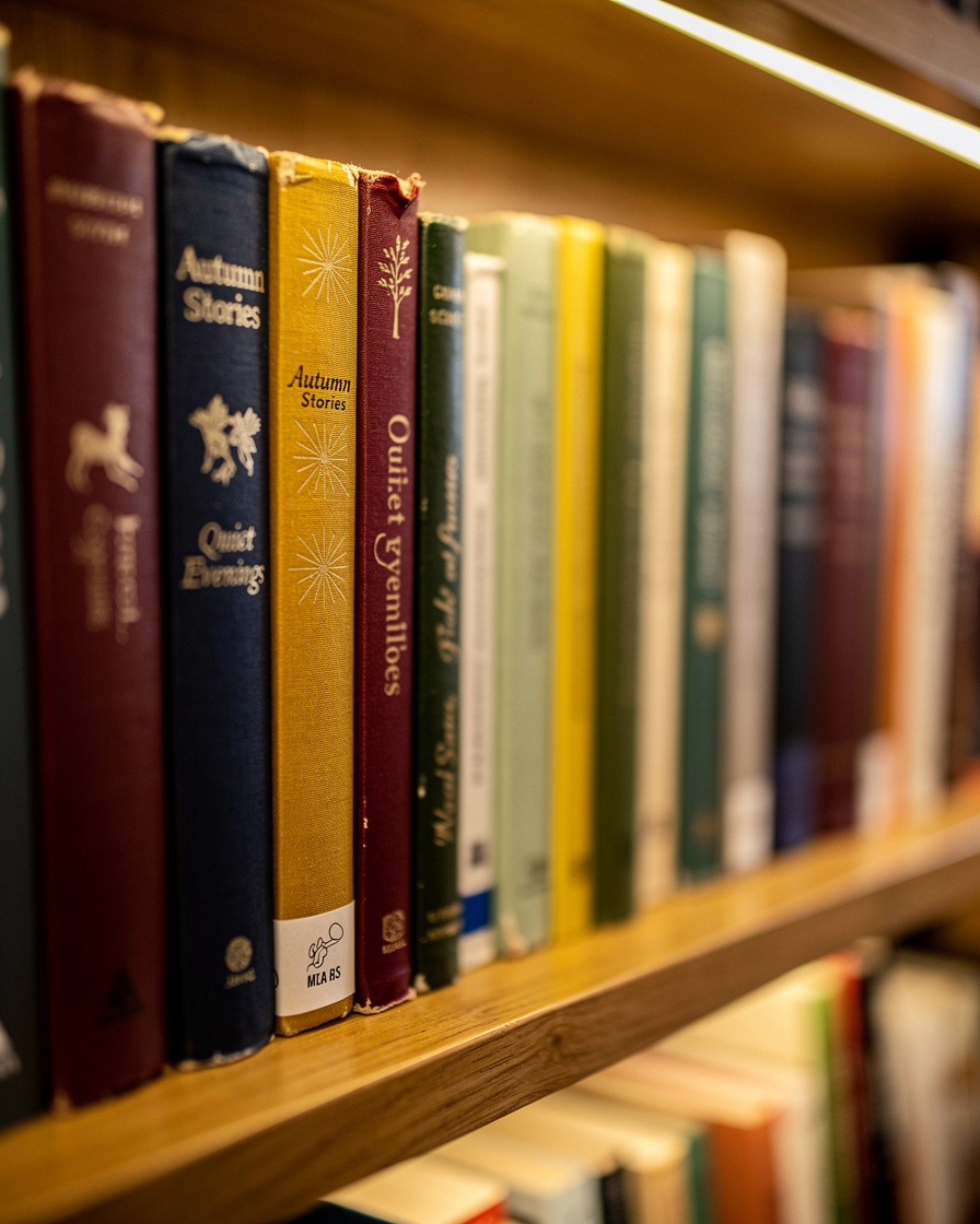 Close-up of colorful book spines on a shelf